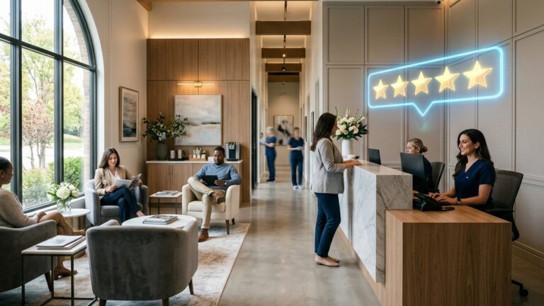 A wide-angle shot of a high-end dental clinic waiting room with a glowing digital holographic 5-star review hovering over the reception desk.