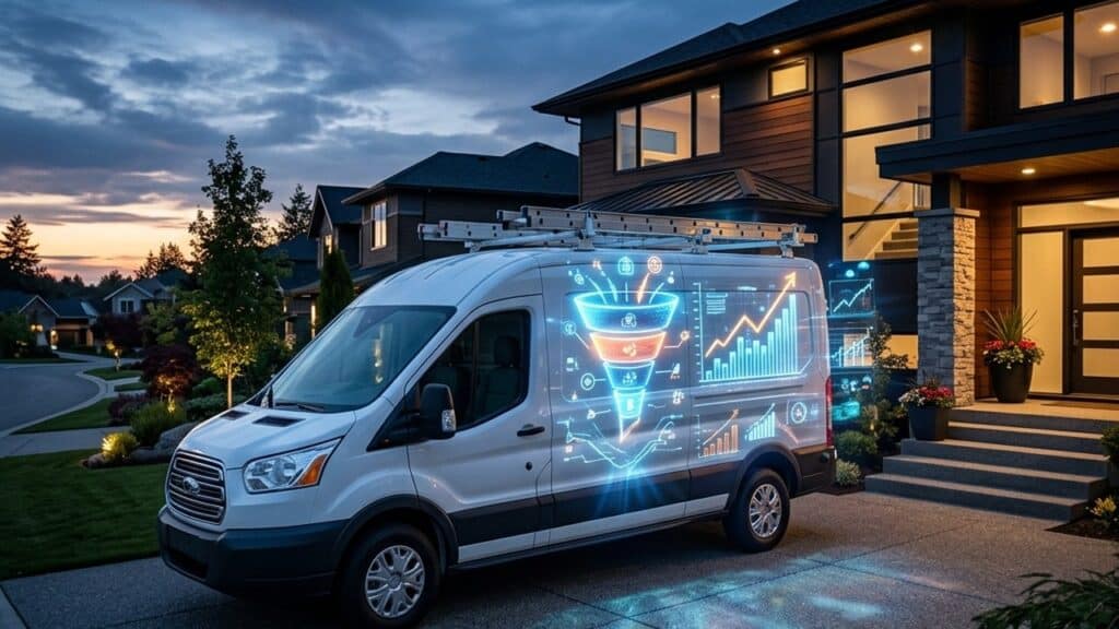 A highly cinematic, wide-angle shot of a pristine, white commercial electrician's van parked in front of a modern suburban home at twilight. The side of the van is illuminated by a massive, glowing holographic projection of a digital marketing conversion funnel and upward trending charts.