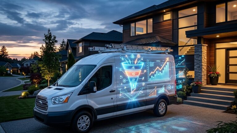 A highly cinematic, wide-angle shot of a pristine, white commercial electrician's van parked in front of a modern suburban home at twilight. The side of the van is illuminated by a massive, glowing holographic projection of a digital marketing conversion funnel and upward trending charts.