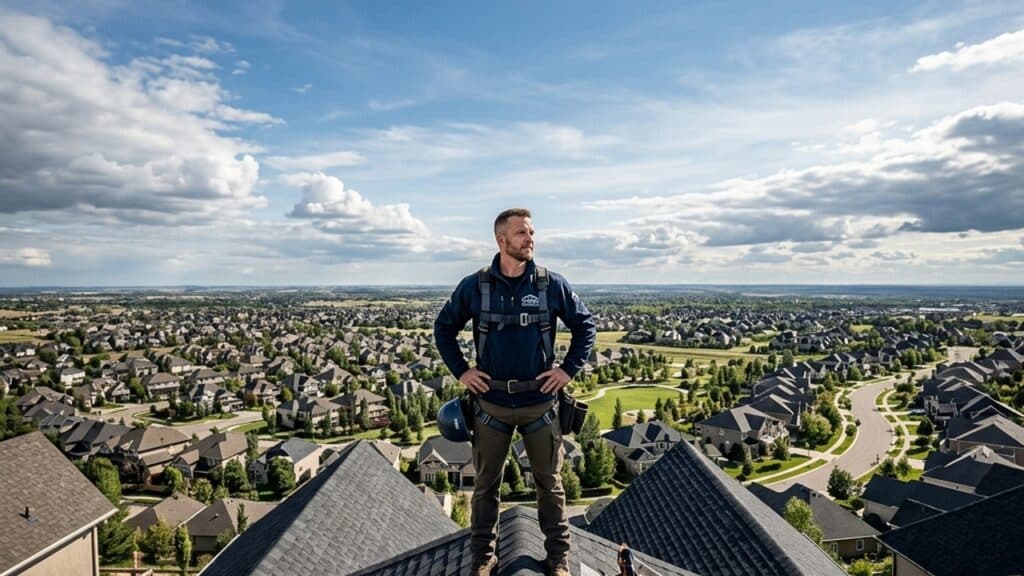 A dramatic, wide-angle hero shot of a confident roofing contractor standing on the peak of a high-end residential roof, overlooking a sprawling neighborhood.