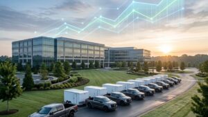A wide-angle, cinematic shot of an elite landscaping fleet parked outside a massive commercial property at dawn, with a glowing digital growth chart overlaid in the sky.