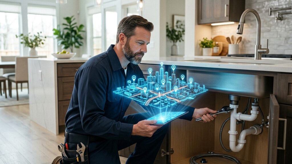 A professional plumber in uniform kneeling under a sink, analyzing a glowing digital tablet that projects a 3D holographic city map, representing local SEO dominance.