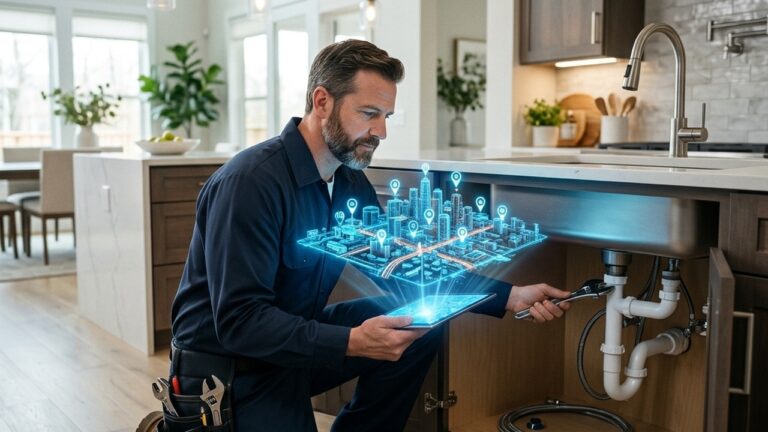 A professional plumber in uniform kneeling under a sink, analyzing a glowing digital tablet that projects a 3D holographic city map, representing local SEO dominance.