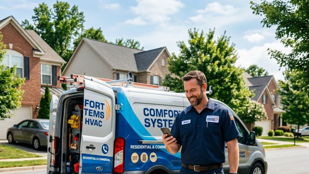 A professional HVAC technician standing by a branded service van, looking at a high-converting mobile website with a clear tap-to-call button.