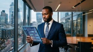 A high-end attorney analyzing a digital marketing dashboard showing personal injury law firm PPC signed cases.
