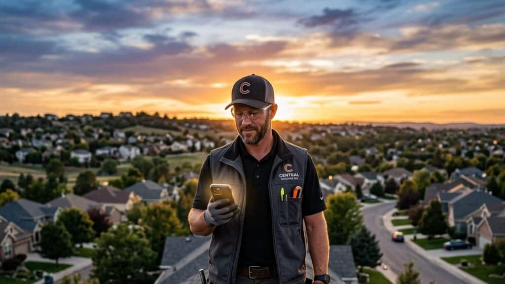 A cinematic photograph of a professional roofing contractor standing perfectly centered on a roof, looking at a Google search map on a smartphone.