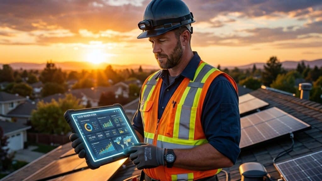 A professional solar contractor on a residential roof looking at a glowing digital tablet displaying an exclusive solar lead generation dashboard.